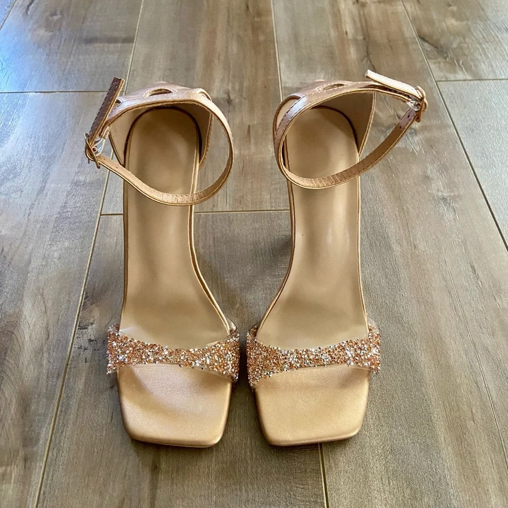 Open Toe Ankle Strap Rhinestone Band Dress Sandal Stiletto High Heel in Gold